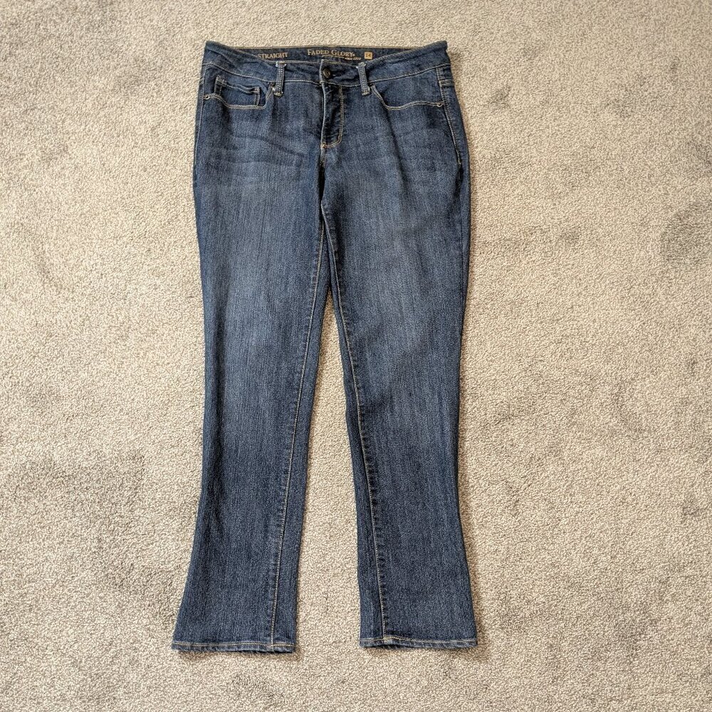 FADED GLORY Straight, Dark Blue Stretch Denim Mid-Rise Jeans; Size 14A